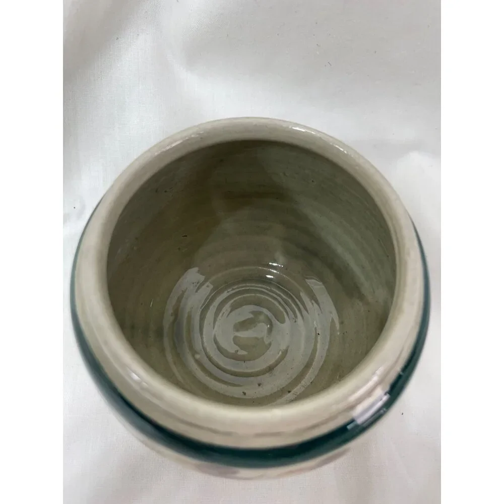 Mexican HandPainted Ceramic Jar w Lid Bird Floral Design Green & Brown Accents
